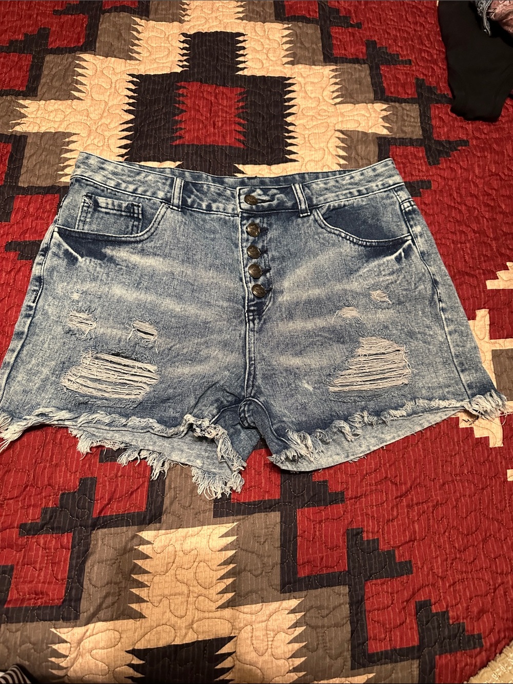 Crazy Train Distressed Light Blue Button-Fly Denim Shorts